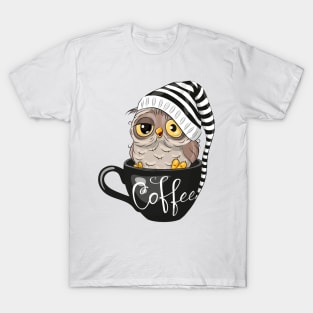 A cute sleepy owl with a nightcap sits in a cup labeled coffee T-Shirt